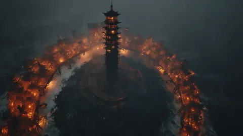 An epic ultra-wide-angle aerial top-down perspective of a gargantuan maritime steampunk megastructur