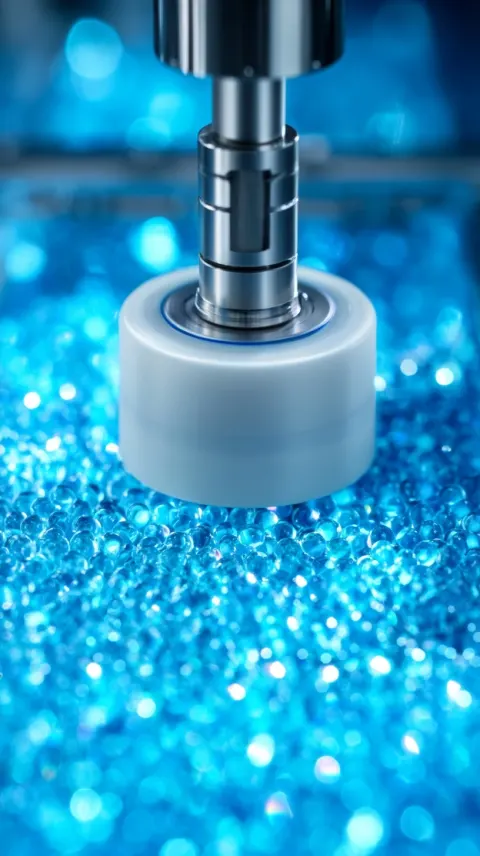 Extreme close-up of a sleek, miniature mechanical roller smoothly pressing translucent blue spheres
