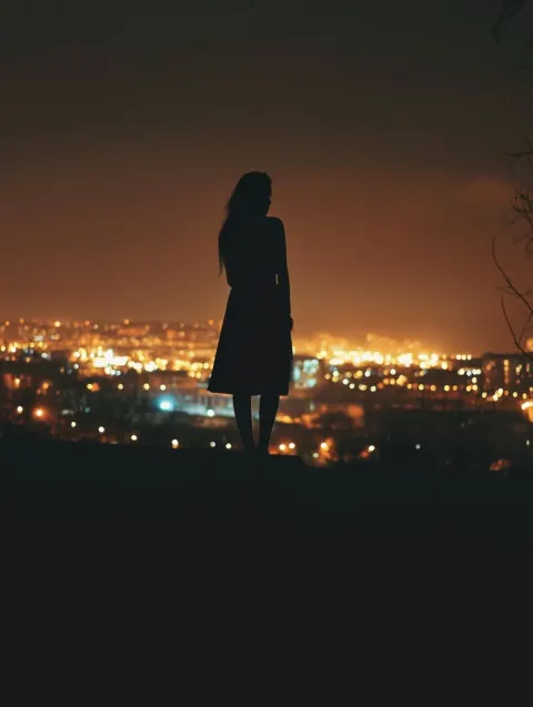 Female silhouette standing against city night lights, full silhouette no face visible