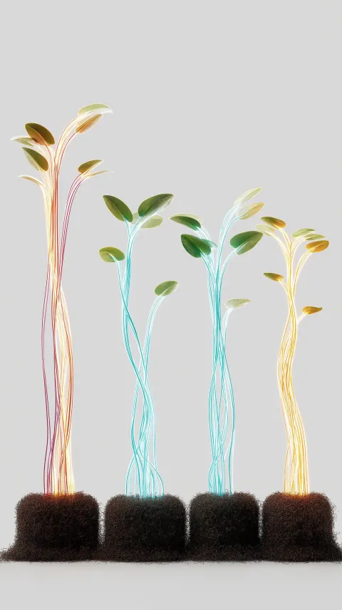 Four photorealistic fibre optic cable sprouts, all with a consistent design