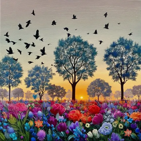 Grand rising birds flowers, trees