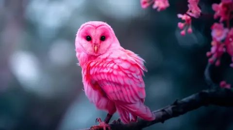 Pink owl, full-body shot, cute and beautiful, with black eyes