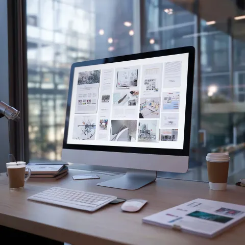 Produce an image on a computer screen that shows a several pages of work eg a pitch deck for a comme