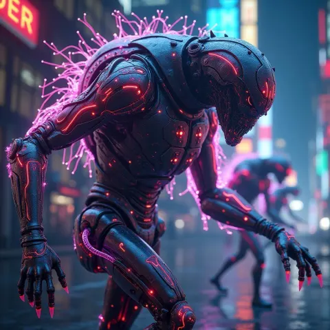 Cybernetic Ghosts in Bioluminescent Neon Machinery