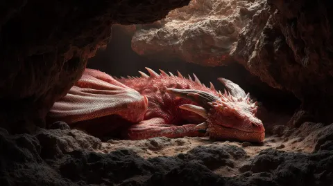 Professional photo of a photo-realistic red dragon sleeping in a cavern.