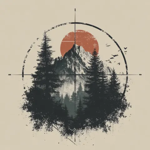 Sniper scope reticle, minimalist mountain and forest silhouette, strong and sharp geometric lines