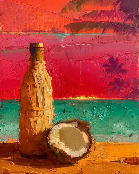 Straw-wrapped rum bottle and halved coconut in immediate foreground rendered with still life detail