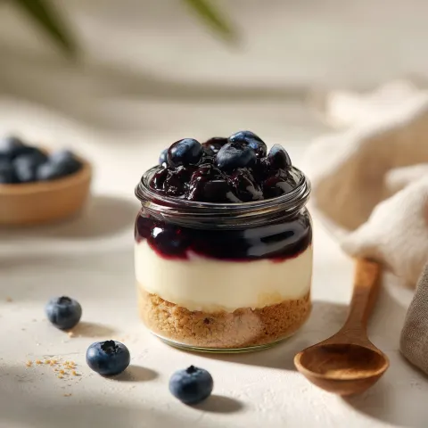 Ultra-realistic food photography of a single blueberry cheesecake jar placed slightly off-center in