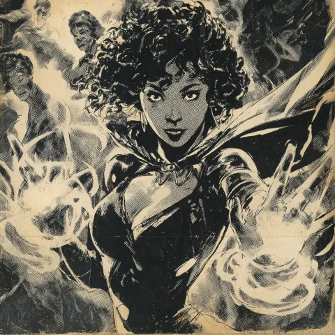 Vintage 1970s comic book illustration of a young brown-skinned Black woman superhero with dark curly