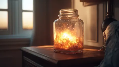 A hyper-realistic fantasy illustration of a glass jar on a wooden nightstand