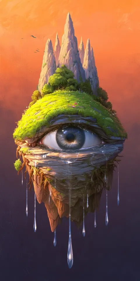 A symbolic fantasy eye as a floating island, one large realistic eye set inside layered rock