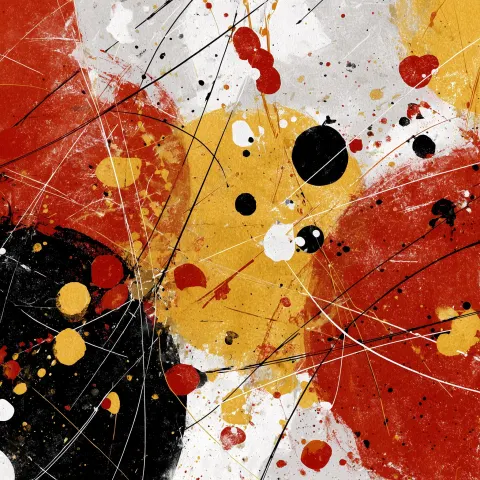Abstract art using red, black, yellow, and white. Spatters and line art