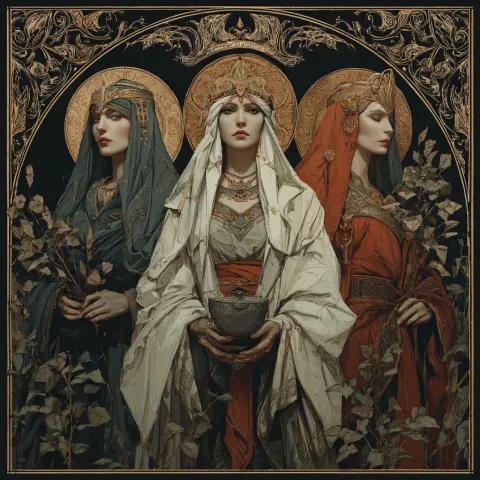 An oil painting representing the 3 Fates (moirai). Traditionnal iconography