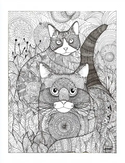 Colouring book crossing cats with mandala patterns for beginners. Black and white only.
