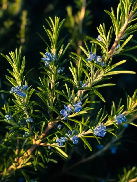 Photorealistic botanical portrait of rosemary in San Francisco, woody stems, needle-like leaves