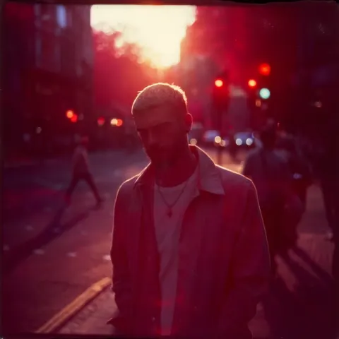 Candid street photo of demon, damaged Kodak Aerochrome colour infrared 35mm film, traffic lights