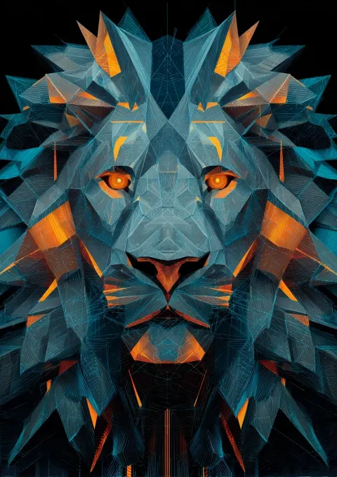 Geometric lion head constructed from sharp polygons and metallic facets, modern abstract design