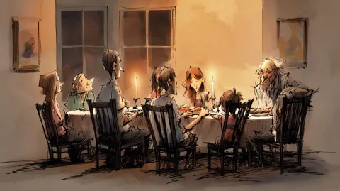 Final Passover seder scene with the same family, same grandfather and child, same continuity