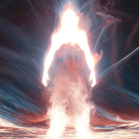 Humanoid silhouette forming out of pure light and energy