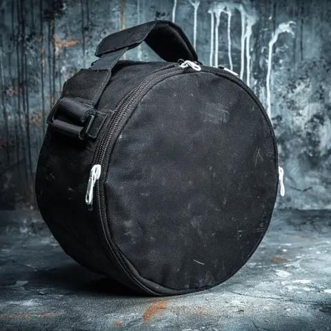 Round satchel bag, black canvas material, white zips, tactical inspired tech bag