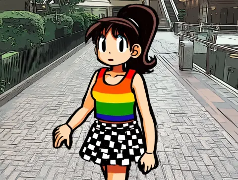 Rpg hud display, abstract line drawing, talking with community friends, girl in rainbow tank top