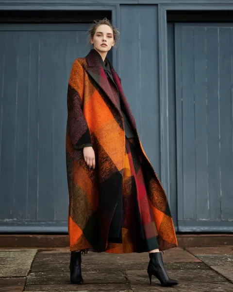 Scottish couture fashion Photography, Long tartan coat fashion in the style of the Scottish colouris