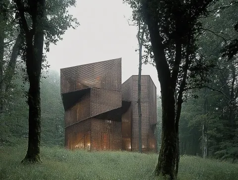 Tall faceted perforated abstract conceptual modern dwelling as two shivering wood lattice volumes th