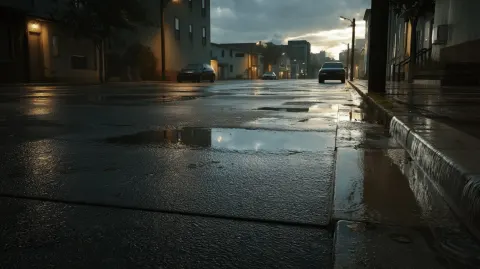 Ultra-realistic street-level photograph of a quiet city street just after rainfall. The ground is we