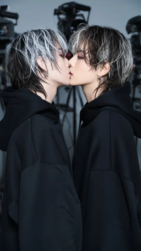 Two young, handsome Korean men are kissing. Their skin is translucently white. They are wearing men’