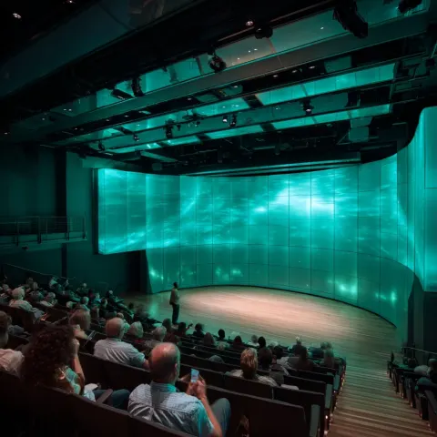 A auditorium with led panels and people watching and photographing. the color mood is greenish blue