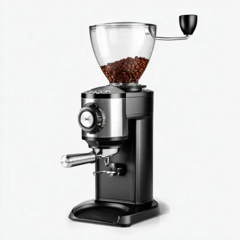Front facing photo of an Electric Burr Coffee Grinder with a coarseness dial as a progress indicator