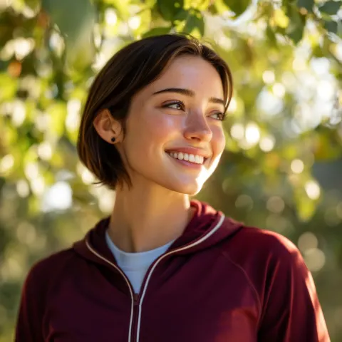 A natural-light portrait photograph of a young woman with a warm