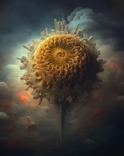 An elaborate abstract sci-fi book cover illustration. A close-up of a complex