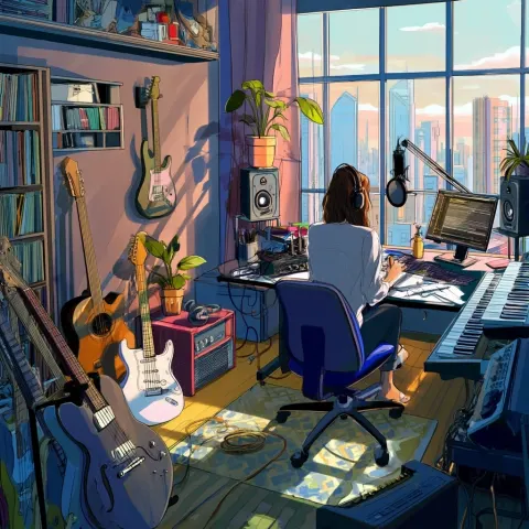 An intimate home studio with musical instruments and recording equipment
