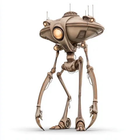 Cartoon style three legged mechanical war of the Worlds style alien, very tall with 3 legs