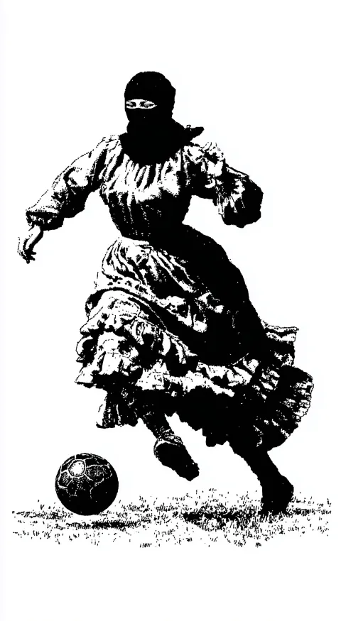 Blackwork tattoo flash illustration of a masked indigenous woman playing soccer