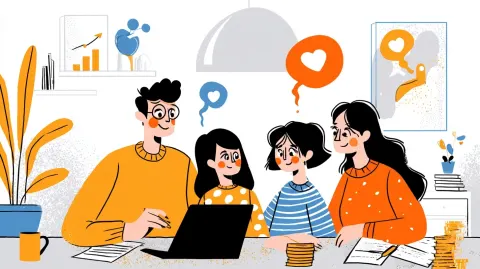 Cartoon illustration of a calm family discussion about budget between parents and adult children (25
