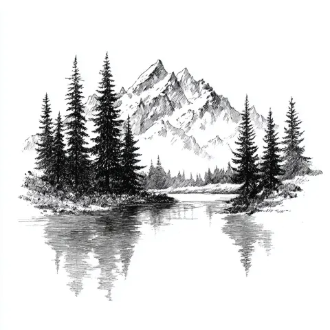 Dessin chaîne de montagne avec des pins qui se reflètent dans une rivière. La rivière est suggérée e