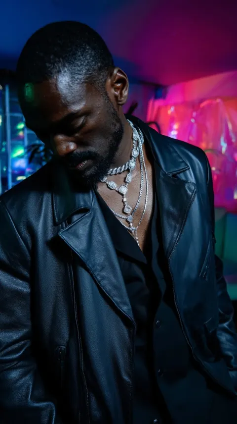 A man in a black leather jacket, wearing silver necklaces and diamond rings on his chest. he is wear