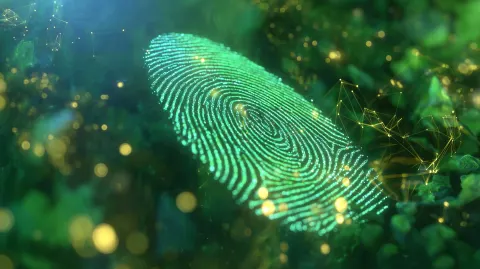Fingerprints, a digital identity technology concept with a hologram touch fingerprint biometric secu