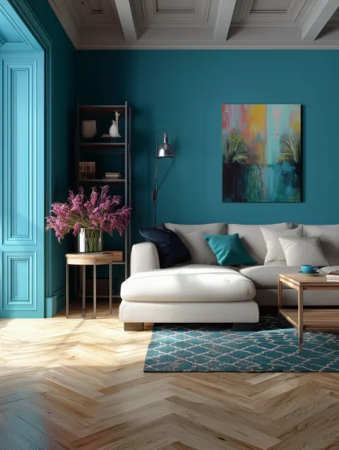Make a photo of alight and bright modern living room with #01434E colored walls and a painting on th