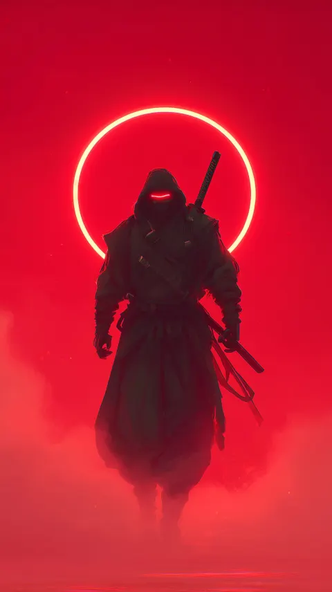 Original dark ronin samurai, full body, walking through crimson fog