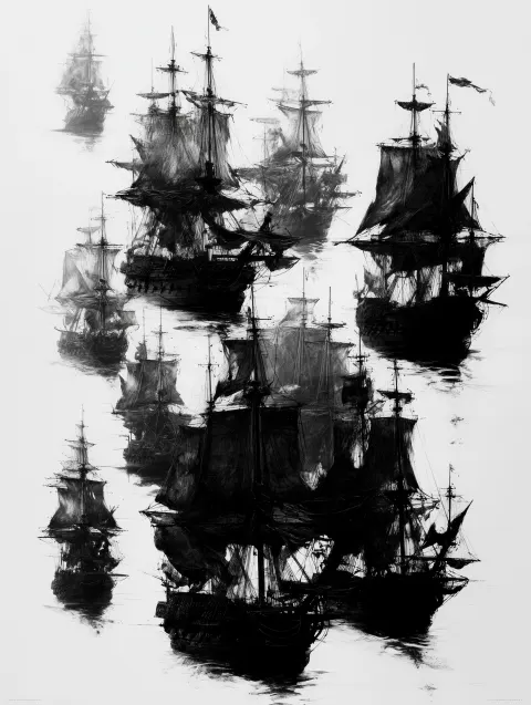 Silhouette of an armada of a dozen Royal British Navy warships from the 1700's. Black on white backg