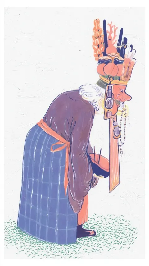 Portrait on a white background. A hunched elderly woman wearing a shaman mask. Dressed as a Chinese