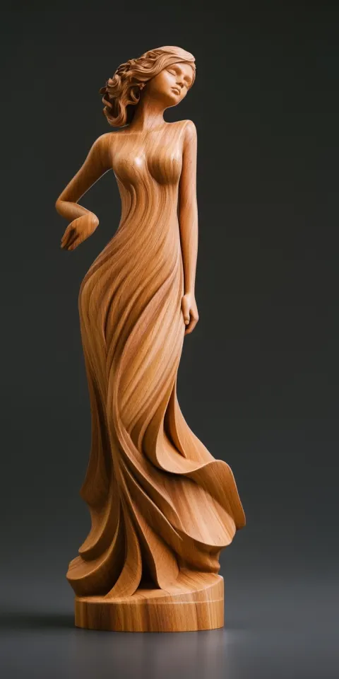 Standalone statuette representing a young beautiful woman. luxury art piece. on plain dark backgroun