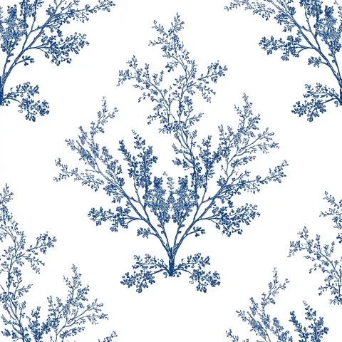 Toile de jouy inspired motifs of branch, white background, line drawing motif. Center isolated motif