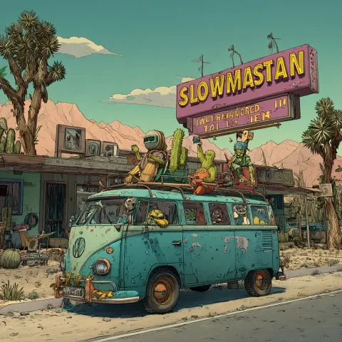 Video game screen of chill Palm Springs cruise driving desert game with hippy cactus people and weir
