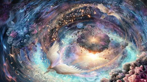 The angels descend toward a luminous chasm of energy below the floating realms. Each wingbeat releas