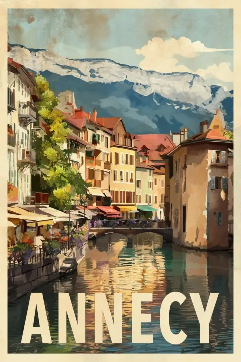 Vintage poster Annecy France, alpine canal town with pastel houses and mountains