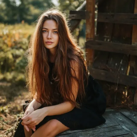 A beautiful girl from Europe or America sitting with a pose, fair skin, perfect figure, mid shot